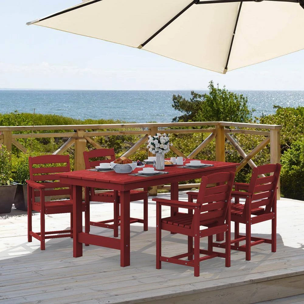 HDPE 7-Piece Plastic Rectangle Table Standard Height Outdoor Dining Set In Dark Red 5 HDPE 7-Piece Plastic Rectangle Table Standard Height Outdoor Dining Set In Dark Red - Image 5