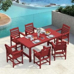 HDPE 7-Piece Plastic Rectangle Table Standard Height Outdoor Dining Set In Dark Red