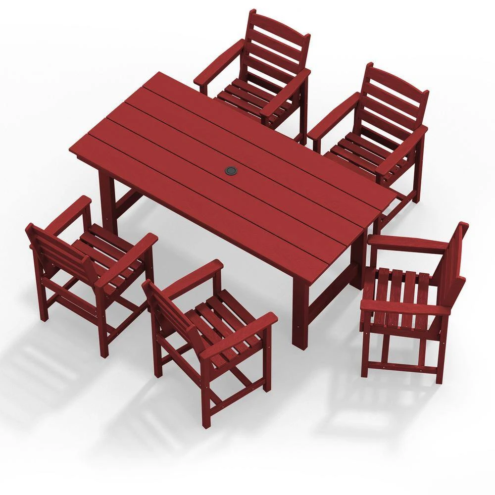 HDPE 7-Piece Plastic Rectangle Table Standard Height Outdoor Dining Set In Dark Red 3 HDPE 7-Piece Plastic Rectangle Table Standard Height Outdoor Dining Set In Dark Red - Image 3
