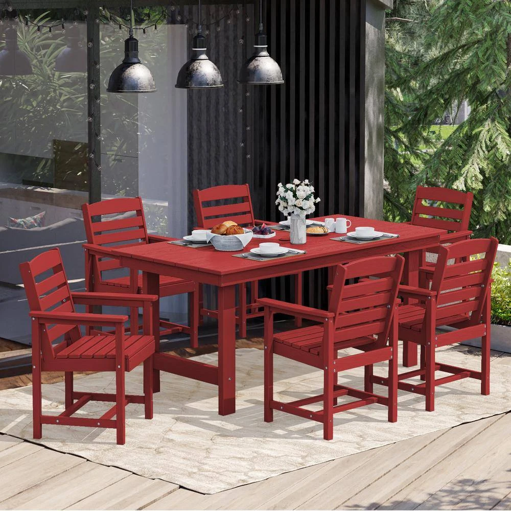 HDPE 7-Piece Plastic Rectangle Table Standard Height Outdoor Dining Set In Dark Red 4 HDPE 7-Piece Plastic Rectangle Table Standard Height Outdoor Dining Set In Dark Red - Image 4