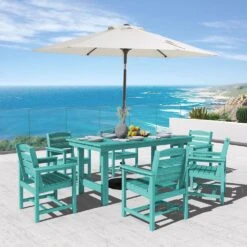 HDPE 7-Piece Plastic Rectangle Standard Height Outdoor Dining Set In Aruba Blue -Jearey patio dining sets pejyczytz ab 31 1000