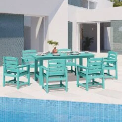 HDPE 7-Piece Plastic Rectangle Standard Height Outdoor Dining Set In Aruba Blue -Jearey patio dining sets pejyczytz ab c3 1000