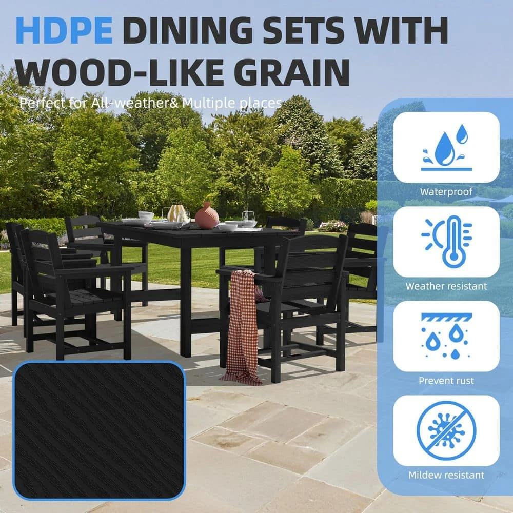 HDPE 7-Piece Plastic Rectangle Standard Height Outdoor Dining Set In Black 7 HDPE 7-Piece Plastic Rectangle Standard Height Outdoor Dining Set In Black - Image 7