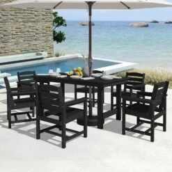 HDPE 7-Piece Plastic Rectangle Standard Height Outdoor Dining Set In Black