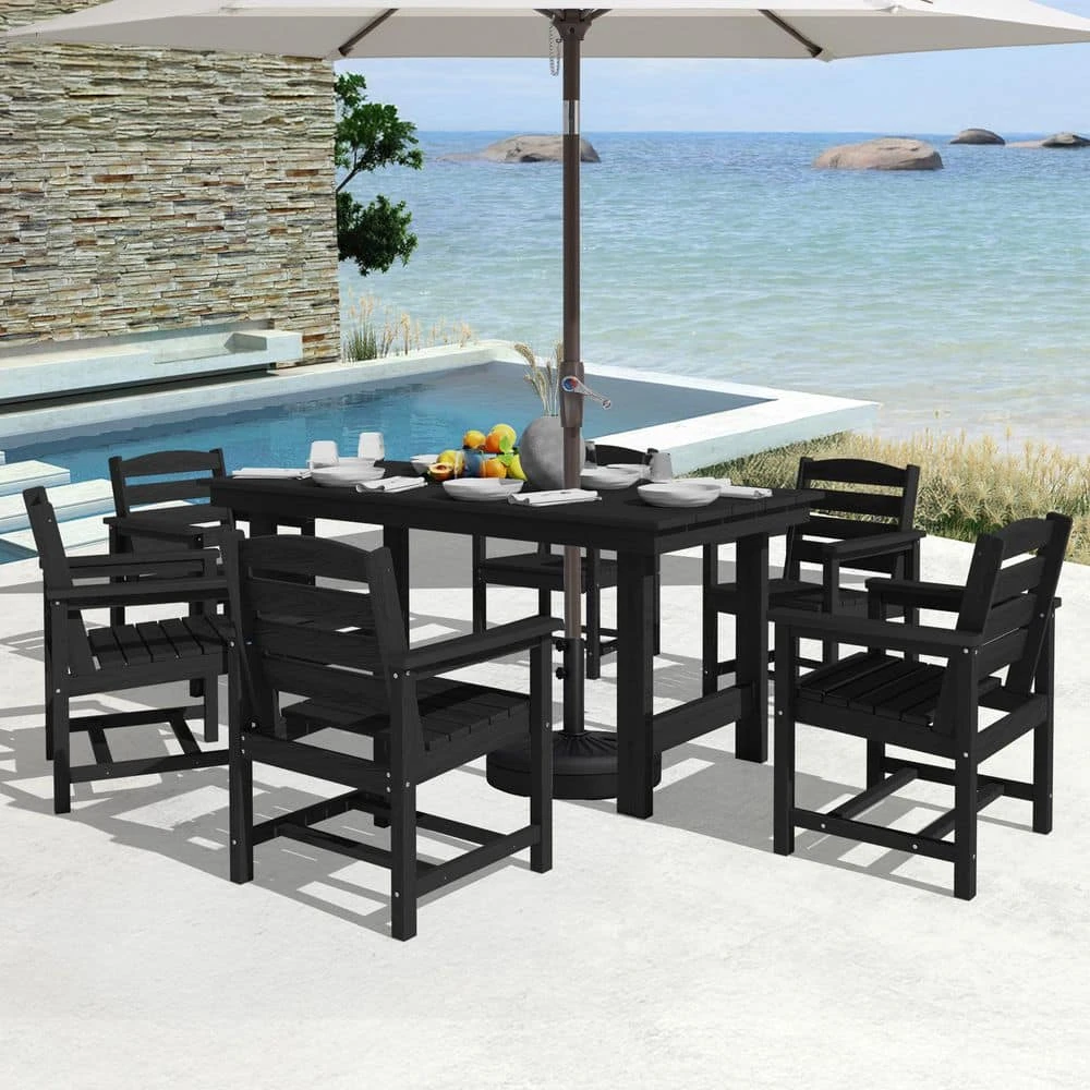 HDPE 7-Piece Plastic Rectangle Standard Height Outdoor Dining Set In Black 1 HDPE 7-Piece Plastic Rectangle Standard Height Outdoor Dining Set In Black