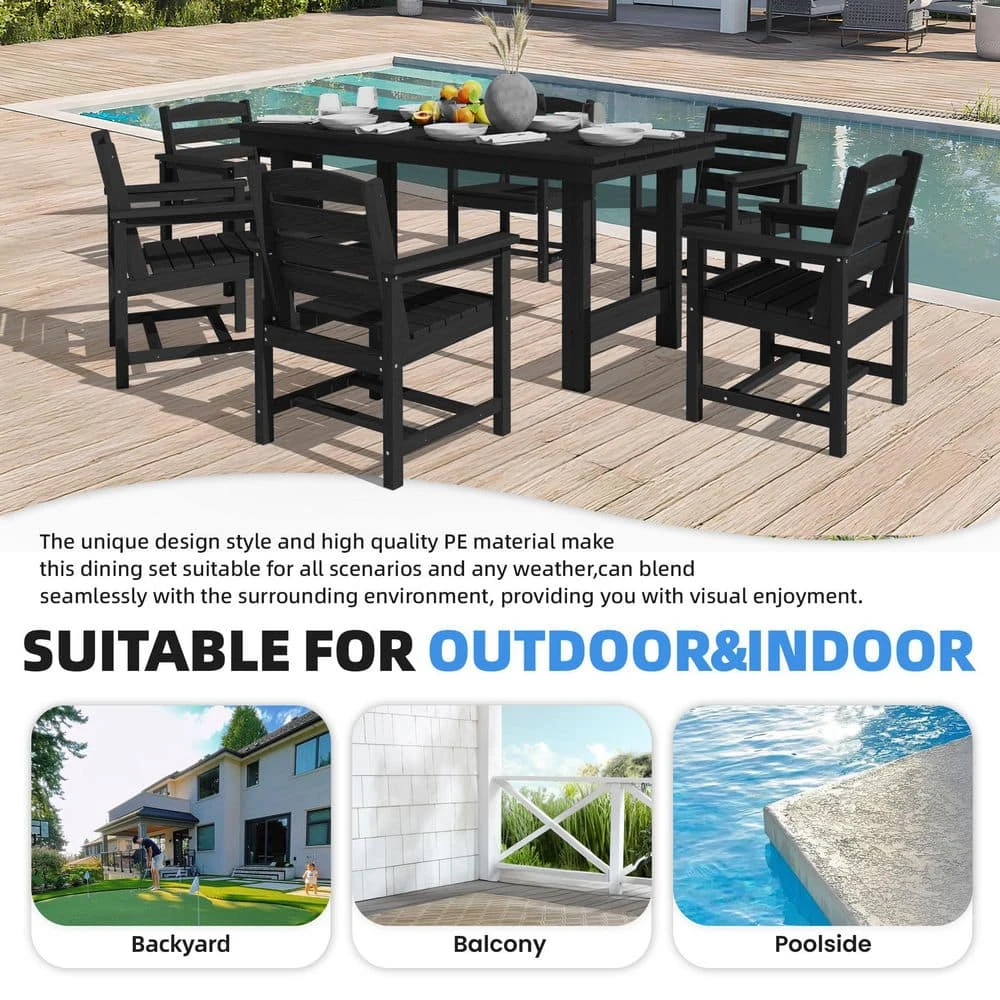 HDPE 7-Piece Plastic Rectangle Standard Height Outdoor Dining Set In Black 9 HDPE 7-Piece Plastic Rectangle Standard Height Outdoor Dining Set In Black - Image 9