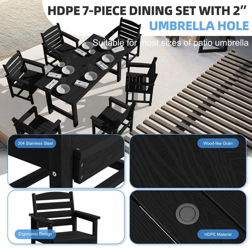HDPE 7-Piece Plastic Rectangle Standard Height Outdoor Dining Set In Black 4 HDPE 7-Piece Plastic Rectangle Standard Height Outdoor Dining Set In Black - Image 4