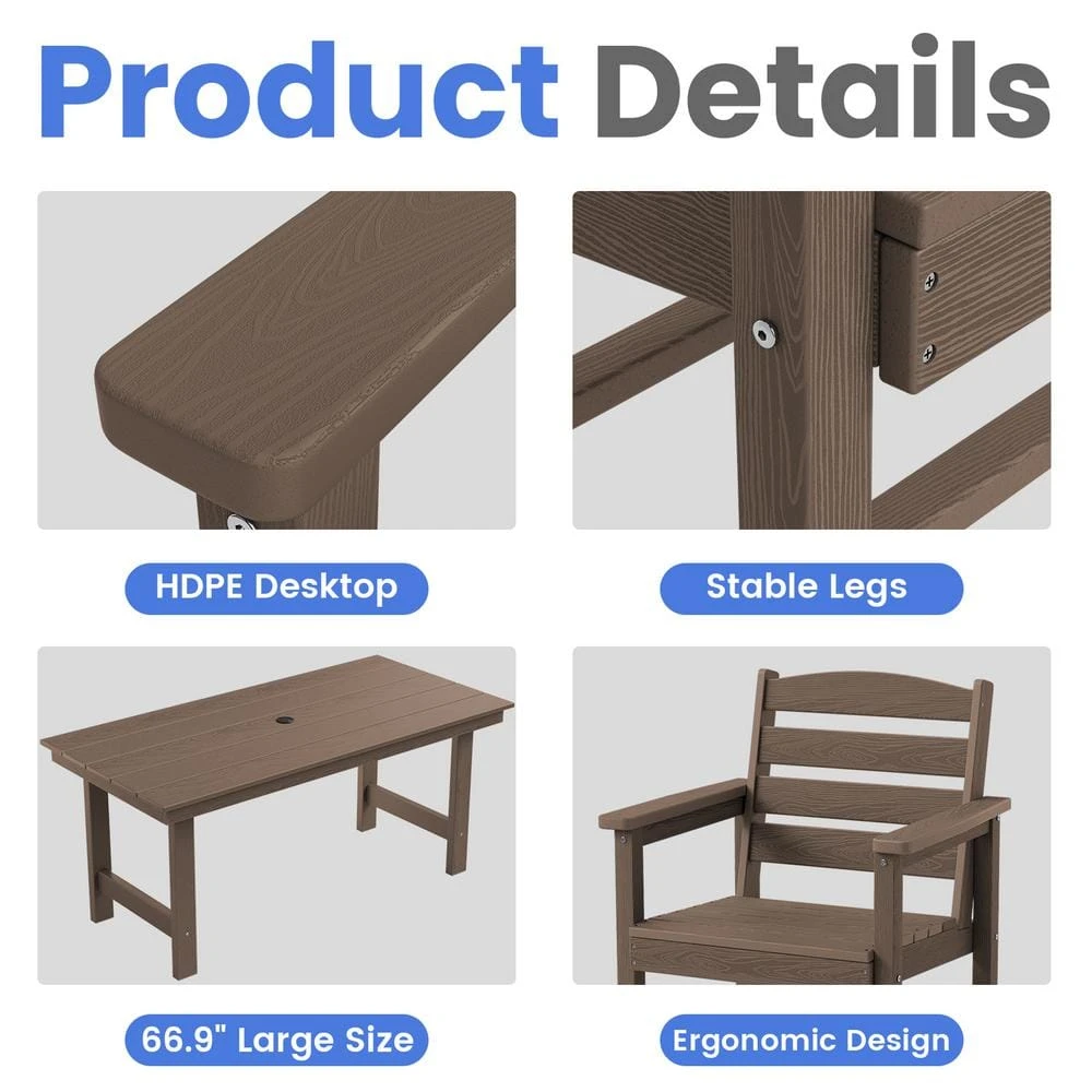 HDPE 7-Piece Plastic Rectangle Standard Height Outdoor Dining Set In Coffee 2 HDPE 7-Piece Plastic Rectangle Standard Height Outdoor Dining Set In Coffee - Image 2