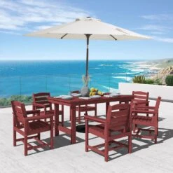 HDPE 7-Piece Plastic Rectangle Standard Height Outdoor Dining Set In Dark Red -Jearey patio dining sets pejyczytz dr 31 1000