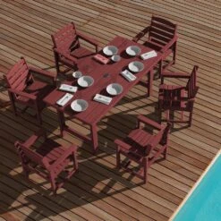 HDPE 7-Piece Plastic Rectangle Standard Height Outdoor Dining Set In Dark Red -Jearey patio dining sets pejyczytz dr 4f 1000