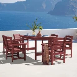 HDPE 7-Piece Plastic Rectangle Standard Height Outdoor Dining Set In Dark Red