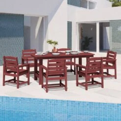 HDPE 7-Piece Plastic Rectangle Standard Height Outdoor Dining Set In Dark Red -Jearey patio dining sets pejyczytz dr c3 1000