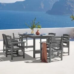HDPE 7-Piece Plastic Rectangle Standard Height Outdoor Dining Set In Gray