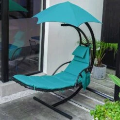 1-Person Swing Egg Chair With Stand And Peacock Blue Cushions For Indoor Outdoor In Peacock Blue