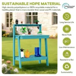 45.5 In. H X 34.8 In. W X 17.7 In. D Peacock Blue HDPE Potting Bench Table, Multi-Purpose Plant And Storage Shelf -Jearey peacock blue jearey potting benches and tables jyyygzt kql 44 1000