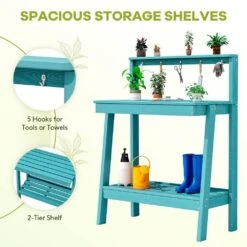 45.5 In. H X 34.8 In. W X 17.7 In. D Peacock Blue HDPE Potting Bench Table, Multi-Purpose Plant And Storage Shelf -Jearey peacock blue jearey potting benches and tables jyyygzt kql 4f 1000