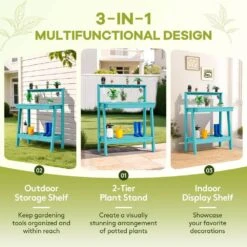 45.5 In. H X 34.8 In. W X 17.7 In. D Peacock Blue HDPE Potting Bench Table, Multi-Purpose Plant And Storage Shelf -Jearey peacock blue jearey potting benches and tables jyyygzt kql c3 1000