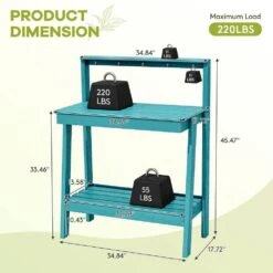 45.5 In. H X 34.8 In. W X 17.7 In. D Peacock Blue HDPE Potting Bench Table, Multi-Purpose Plant And Storage Shelf -Jearey peacock blue jearey potting benches and tables jyyygzt kql fa 1000