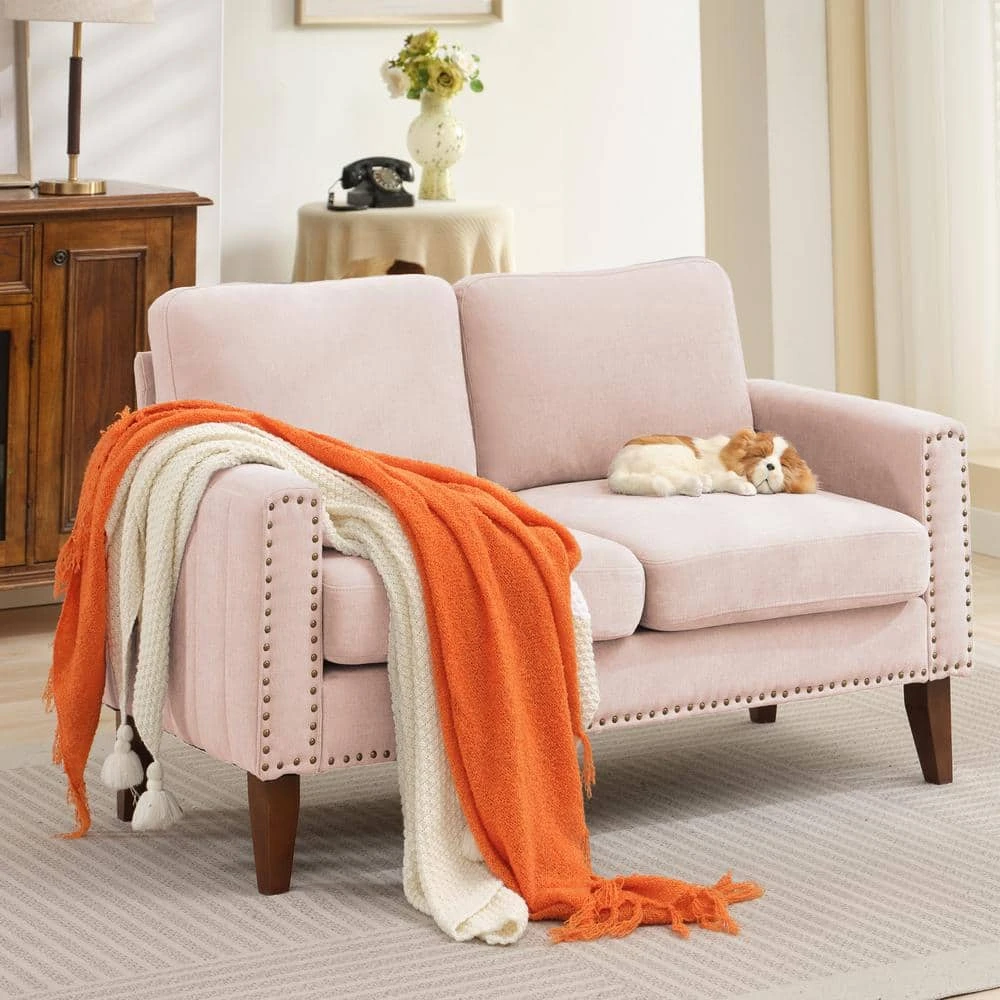 Sanfe 57 In. Pink Solid Fabric 2-Seat Loveseat With Nailhead 7 Sanfe 57 In. Pink Solid Fabric 2-Seat Loveseat With Nailhead - Image 7