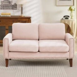 Sanfe 57 In. Pink Solid Fabric 2-Seat Loveseat With Nailhead