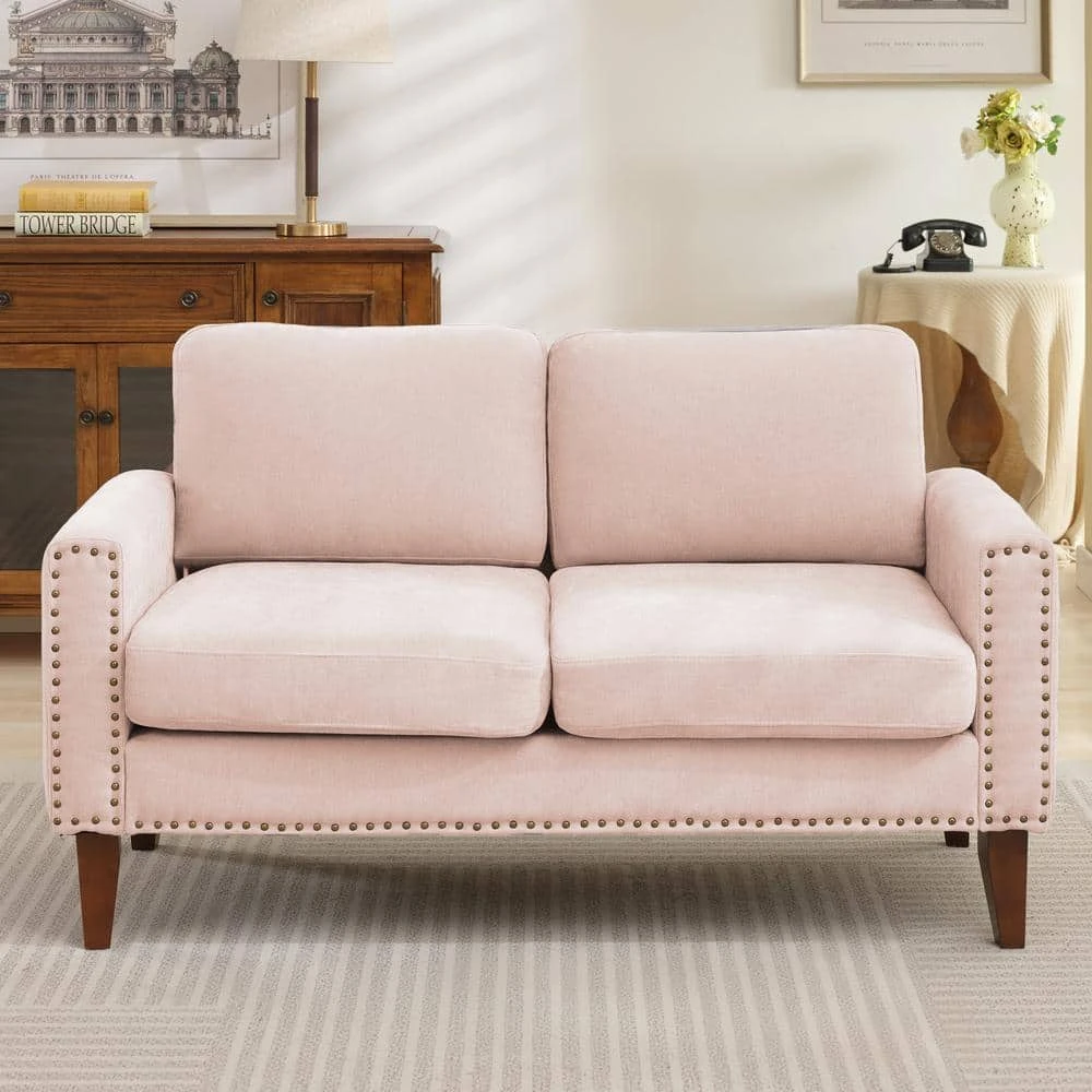 Sanfe 57 In. Pink Solid Fabric 2-Seat Loveseat With Nailhead 1 Sanfe 57 In. Pink Solid Fabric 2-Seat Loveseat With Nailhead