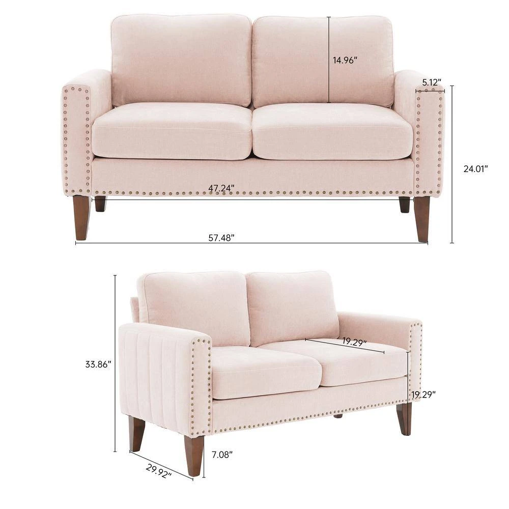 Sanfe 57 In. Pink Solid Fabric 2-Seat Loveseat With Nailhead 2 Sanfe 57 In. Pink Solid Fabric 2-Seat Loveseat With Nailhead - Image 2