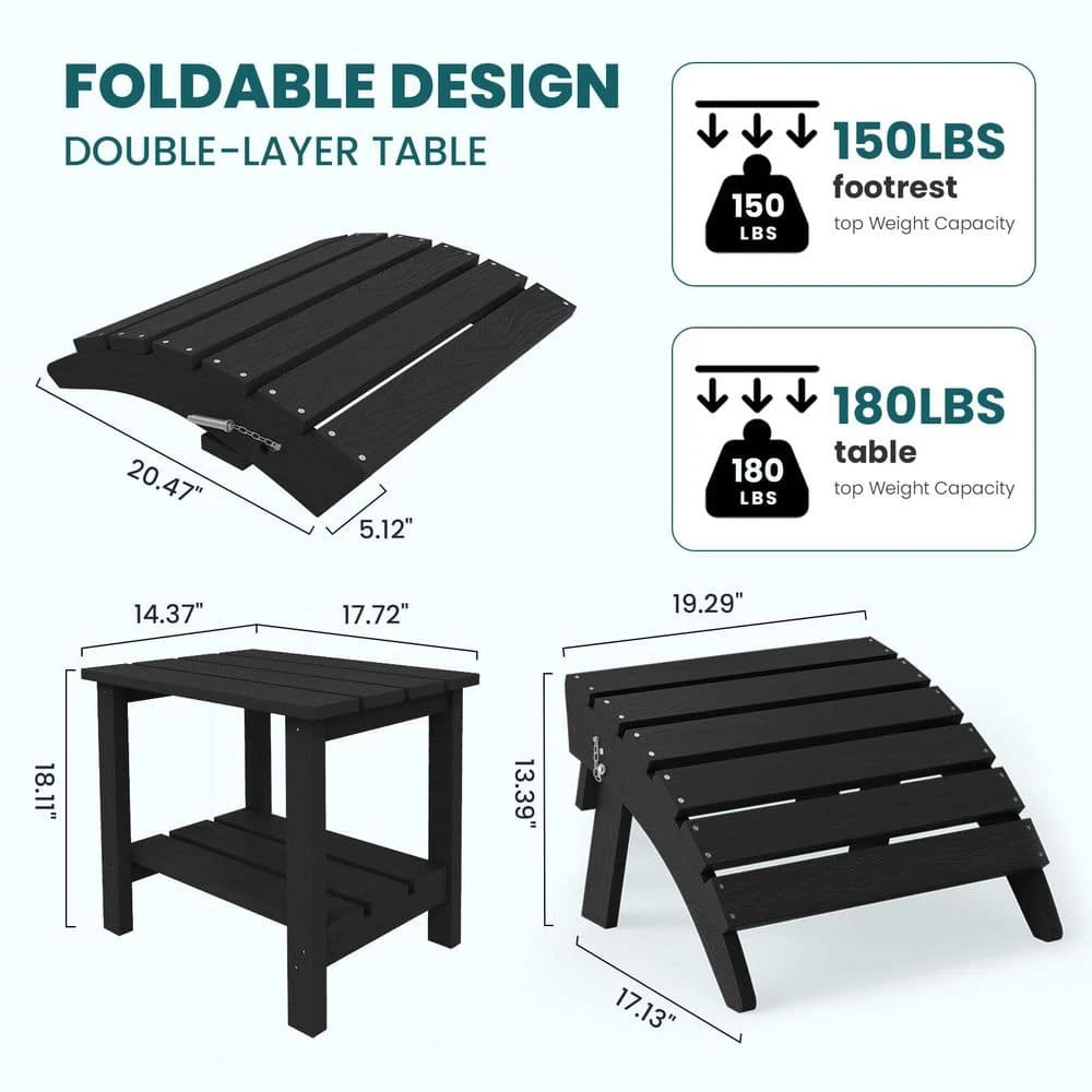 Outdoor HIPS Plastic Patio Chat Set Black Adirondack Chairs With Side Table And Folding Ottoman Set Of 5-Piece 4 Outdoor HIPS Plastic Patio Chat Set Black Adirondack Chairs With Side Table And Folding Ottoman Set Of 5-Piece - Image 4