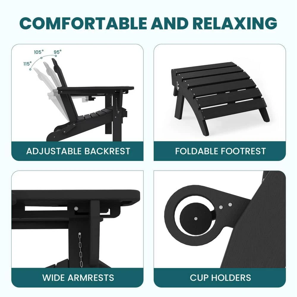 Outdoor HIPS Plastic Patio Chat Set Black Adirondack Chairs With Side Table And Folding Ottoman Set Of 5-Piece 5 Outdoor HIPS Plastic Patio Chat Set Black Adirondack Chairs With Side Table And Folding Ottoman Set Of 5-Piece - Image 5