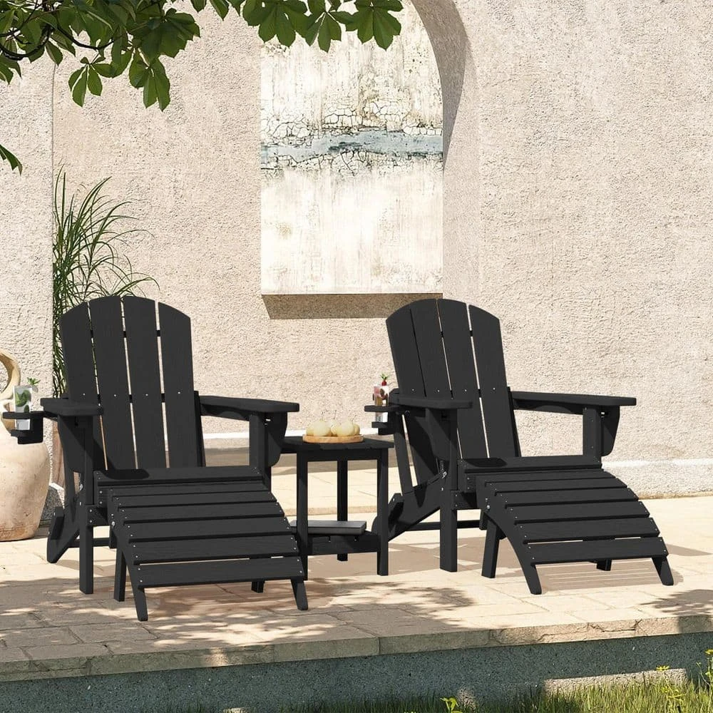 Outdoor HIPS Plastic Patio Chat Set Black Adirondack Chairs With Side Table And Folding Ottoman Set Of 5-Piece 1 Outdoor HIPS Plastic Patio Chat Set Black Adirondack Chairs With Side Table And Folding Ottoman Set Of 5-Piece