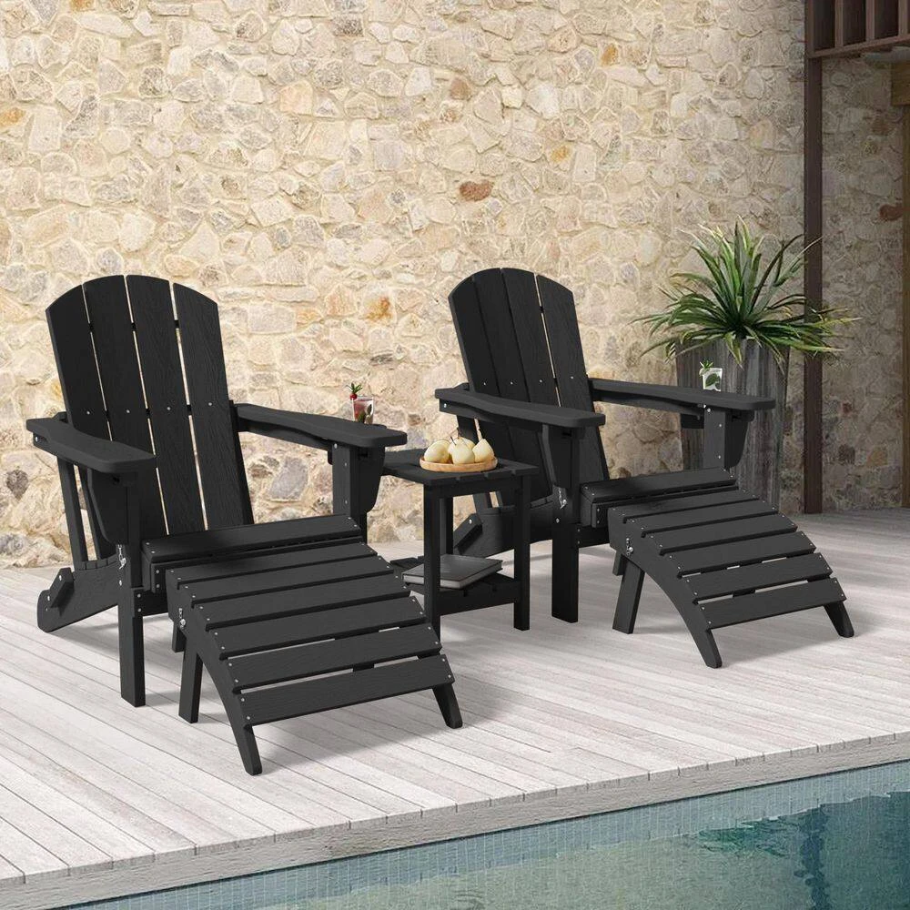 Outdoor HIPS Plastic Patio Chat Set Black Adirondack Chairs With Side Table And Folding Ottoman Set Of 5-Piece 2 Outdoor HIPS Plastic Patio Chat Set Black Adirondack Chairs With Side Table And Folding Ottoman Set Of 5-Piece - Image 2