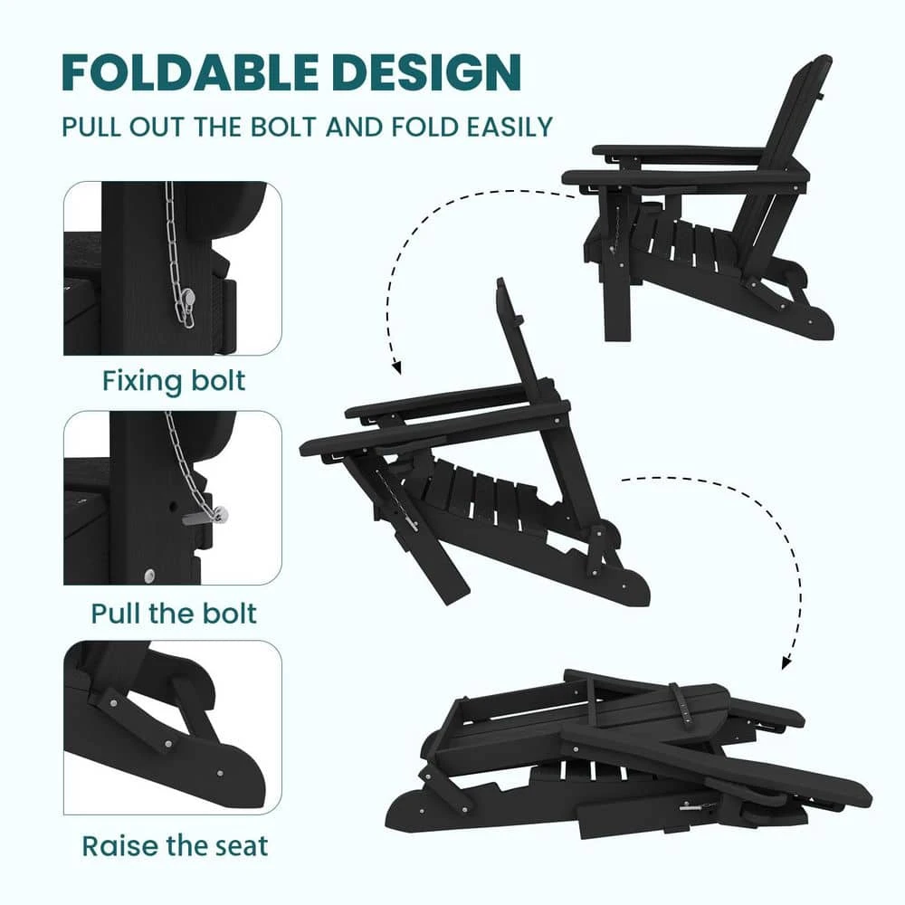 Outdoor HIPS Plastic Patio Chat Set Black Adirondack Chairs With Side Table And Folding Ottoman Set Of 5-Piece 6 Outdoor HIPS Plastic Patio Chat Set Black Adirondack Chairs With Side Table And Folding Ottoman Set Of 5-Piece - Image 6