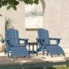 Outdoor HIPS Plastic Patio Chat Set Navy Adirondack Chairs With Side Table And Folding Ottoman Set Of 5-Piece