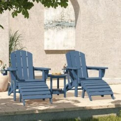 Outdoor HIPS Plastic Patio Chat Set Navy Adirondack Chairs With Side Table And Folding Ottoman Set Of 5-Piece