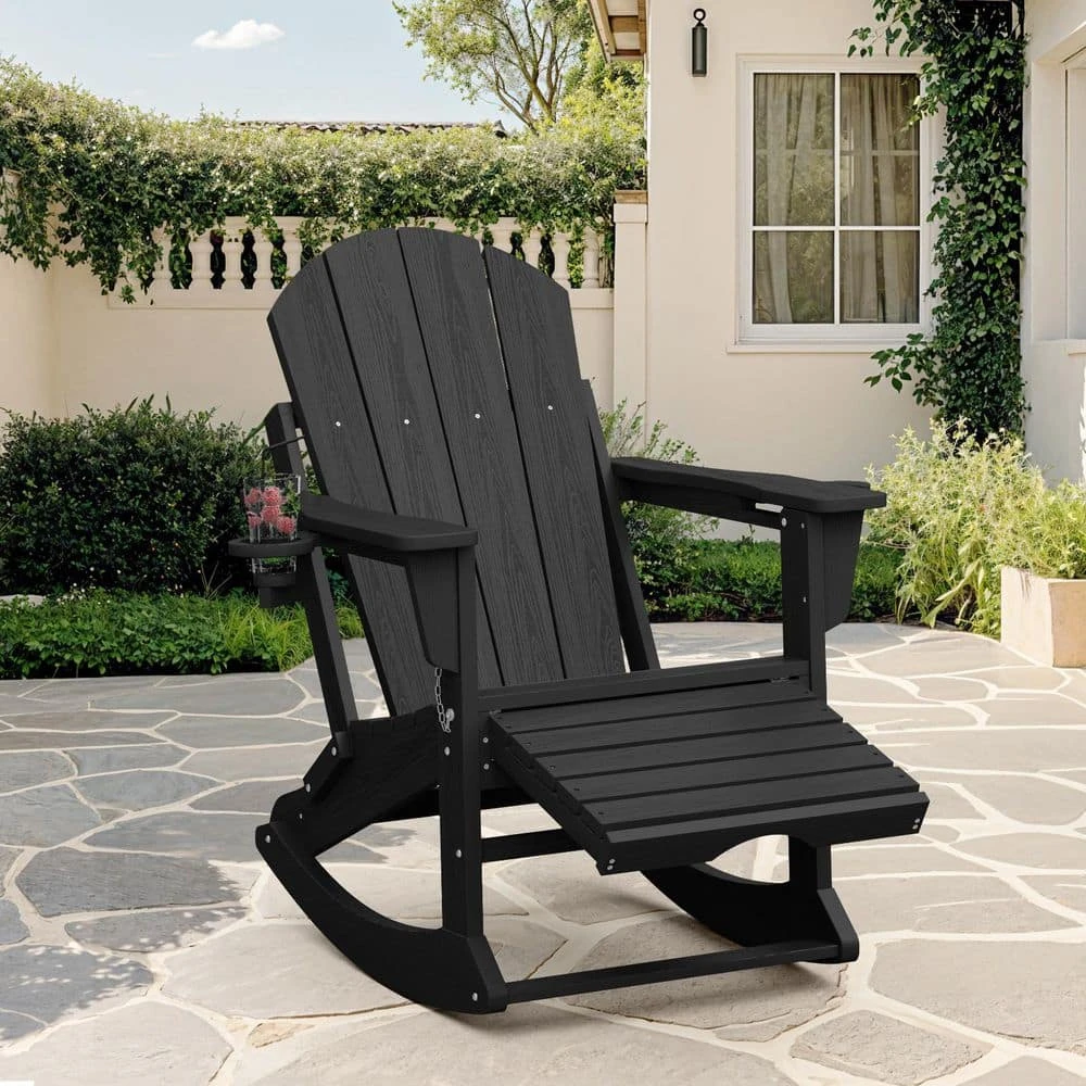6-in-1 Multi-functional Black Plastic Folding Rocking Adirondack Chair With Dual Cup Holders And Retractable Ottoman 3 6-in-1 Multi-functional Black Plastic Folding Rocking Adirondack Chair With Dual Cup Holders And Retractable Ottoman - Image 3