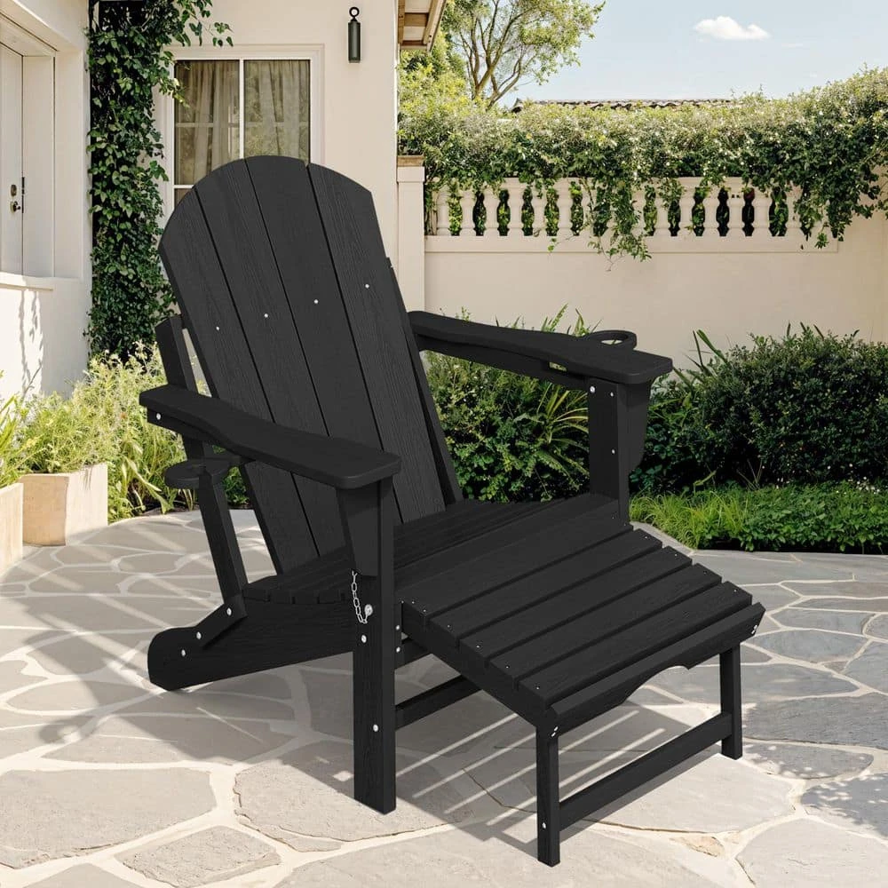 6-in-1 Multi-functional Black Plastic Folding Rocking Adirondack Chair With Dual Cup Holders And Retractable Ottoman 1 6-in-1 Multi-functional Black Plastic Folding Rocking Adirondack Chair With Dual Cup Holders And Retractable Ottoman