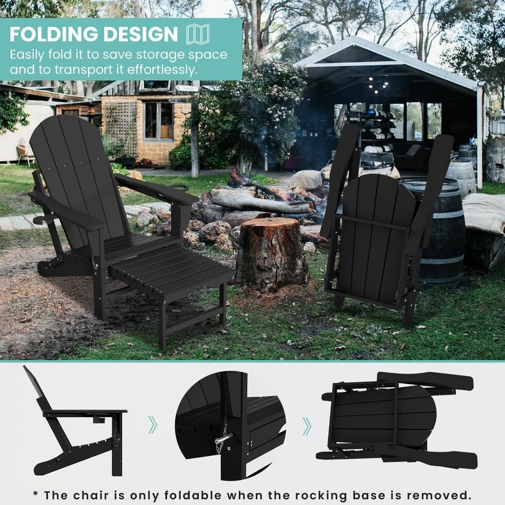 6-in-1 Multi-functional Black Plastic Folding Rocking Adirondack Chair With Dual Cup Holders And Retractable Ottoman 10 6-in-1 Multi-functional Black Plastic Folding Rocking Adirondack Chair With Dual Cup Holders And Retractable Ottoman - Image 10