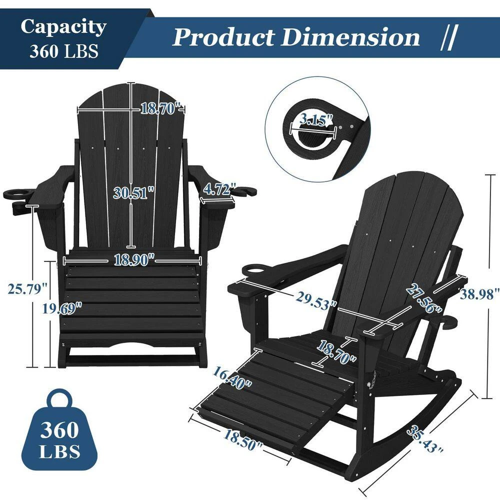 6-in-1 Multi-functional Black Plastic Folding Rocking Adirondack Chair With Dual Cup Holders And Retractable Ottoman 2 6-in-1 Multi-functional Black Plastic Folding Rocking Adirondack Chair With Dual Cup Holders And Retractable Ottoman - Image 2