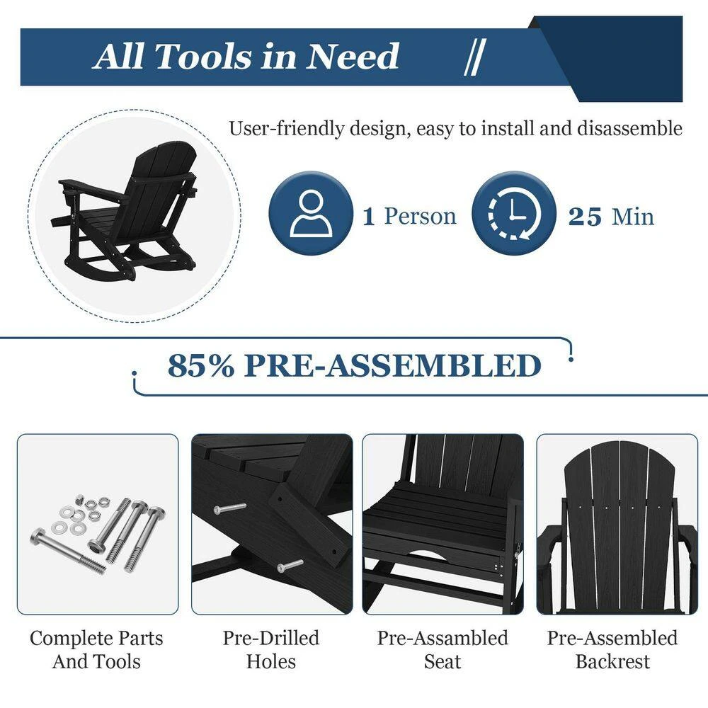 6-in-1 Multi-functional Black Plastic Folding Rocking Adirondack Chair With Dual Cup Holders And Retractable Ottoman 8 6-in-1 Multi-functional Black Plastic Folding Rocking Adirondack Chair With Dual Cup Holders And Retractable Ottoman - Image 8