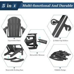 6-in-1 Multi-functional Gray Plastic Folding Rocing Adirondack Chair With Dual Cup Holders And Retractable Ottoman -Jearey plastic adirondack chairs pe dgn gray 1f 1000