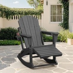 6-in-1 Multi-functional Gray Plastic Folding Rocing Adirondack Chair With Dual Cup Holders And Retractable Ottoman -Jearey plastic adirondack chairs pe dgn gray 40 1000