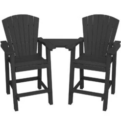 HDPE Plastic Tall Adirondack Chair (Set Of 2) Outdoor Barstools With Connecting Tray In Black