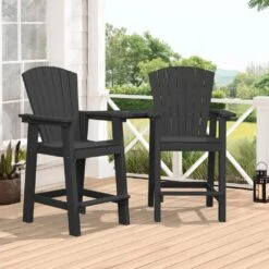 HDPE Plastic Tall Adirondack Chair (Set Of 2) Outdoor Barstools With Connecting Tray In Black -Jearey plastic adirondack chairs pe srgjy black fa 1000