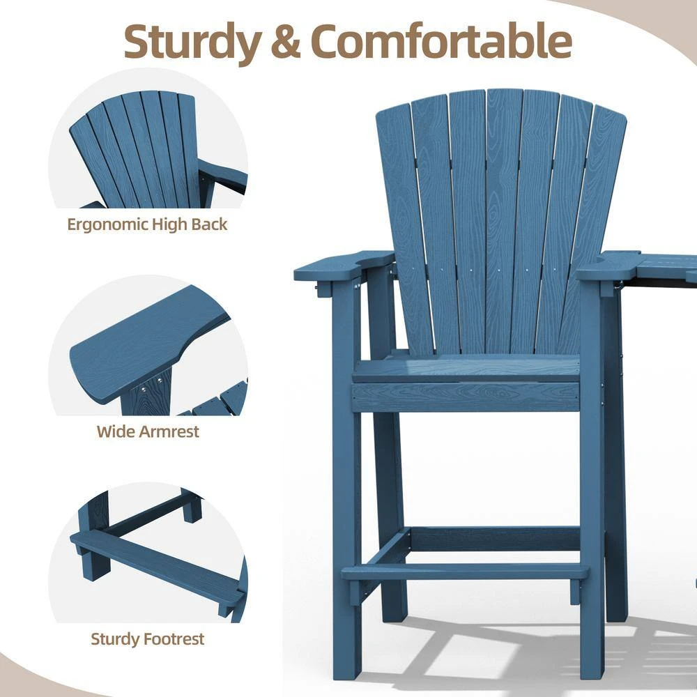 HDPE Plastic Tall Adirondack Chair (Set Of 2) Outdoor Barstools With Connecting Tray In Blue 6 HDPE Plastic Tall Adirondack Chair (Set Of 2) Outdoor Barstools With Connecting Tray In Blue - Image 6