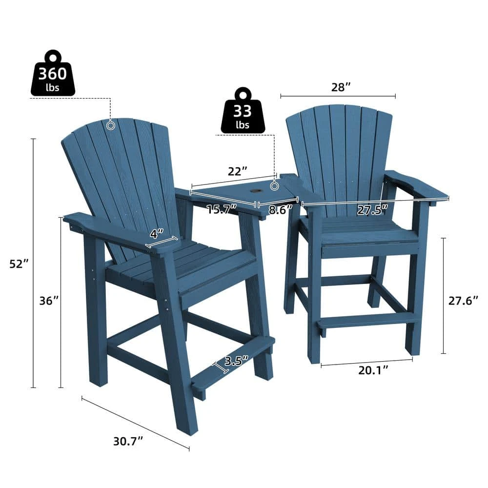 HDPE Plastic Tall Adirondack Chair (Set Of 2) Outdoor Barstools With Connecting Tray In Blue 3 HDPE Plastic Tall Adirondack Chair (Set Of 2) Outdoor Barstools With Connecting Tray In Blue - Image 3