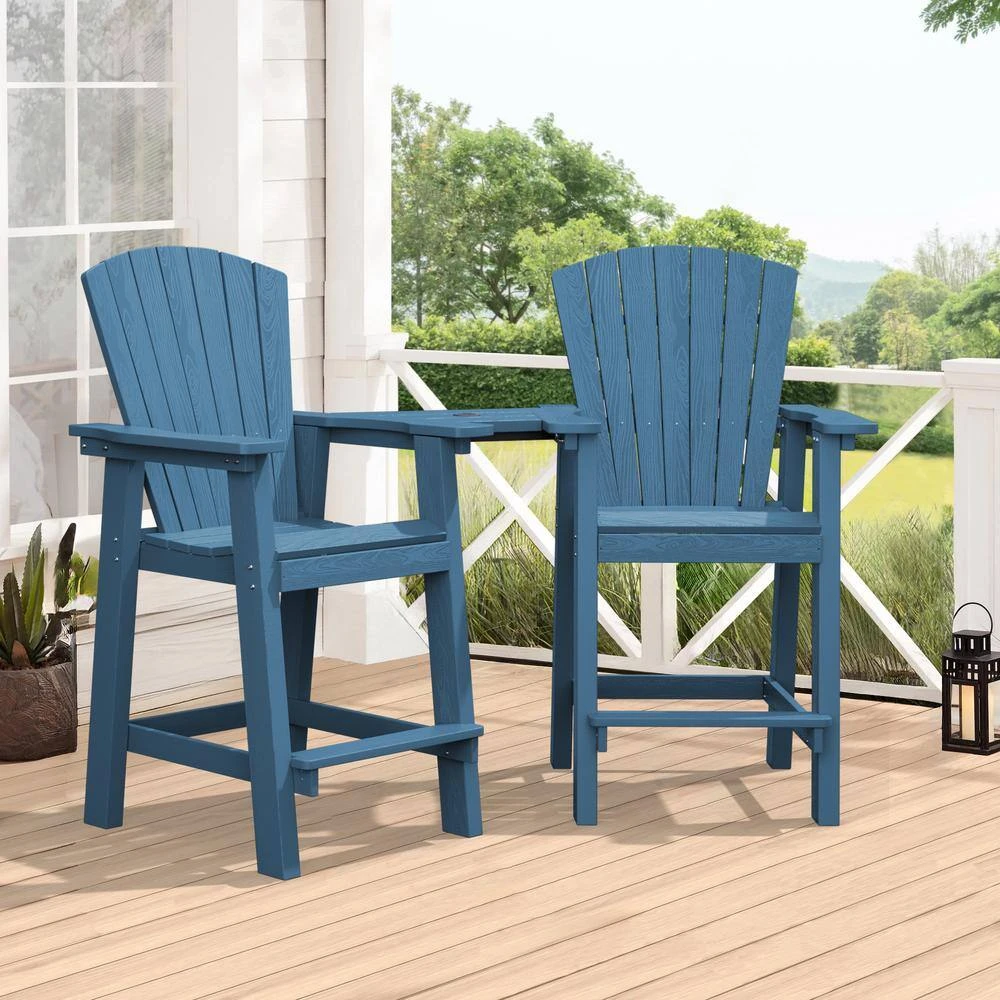 HDPE Plastic Tall Adirondack Chair (Set Of 2) Outdoor Barstools With Connecting Tray In Blue 7 HDPE Plastic Tall Adirondack Chair (Set Of 2) Outdoor Barstools With Connecting Tray In Blue - Image 7