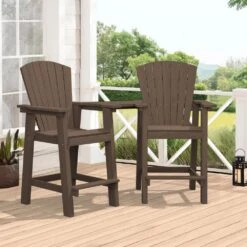 HDPE Plastic Tall Adirondack Chair (Set Of 2) Outdoor Barstools With Connecting Tray In Coffee Brown