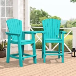 HDPE Plastic Tall Adirondack Chair (Set Of 2) Outdoor Barstools With Connecting Tray In Tiffany Blue -Jearey plastic adirondack chairs pe srgjy tf fa 1000