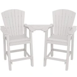 HDPE Plastic Tall Adirondack Chair (Set Of 2) Outdoor Barstools With Connecting Tray In White