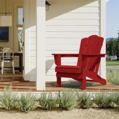 Classic Dark Red HDPE Folding Plastic Adirondack Chair (1-Pack)
