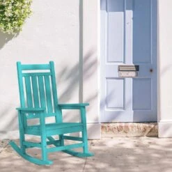 Oversized HDPE Resin Outdoor Patio Rocking Plastic Adirondack Chair In Aruba Blue (1-Pack) -Jearey plastic adirondack chairs pekd aruba fa 1000